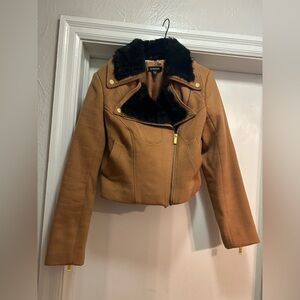 Bebe vintage camel wool cropped motorcycle fur trim bomber jacket M gently worn